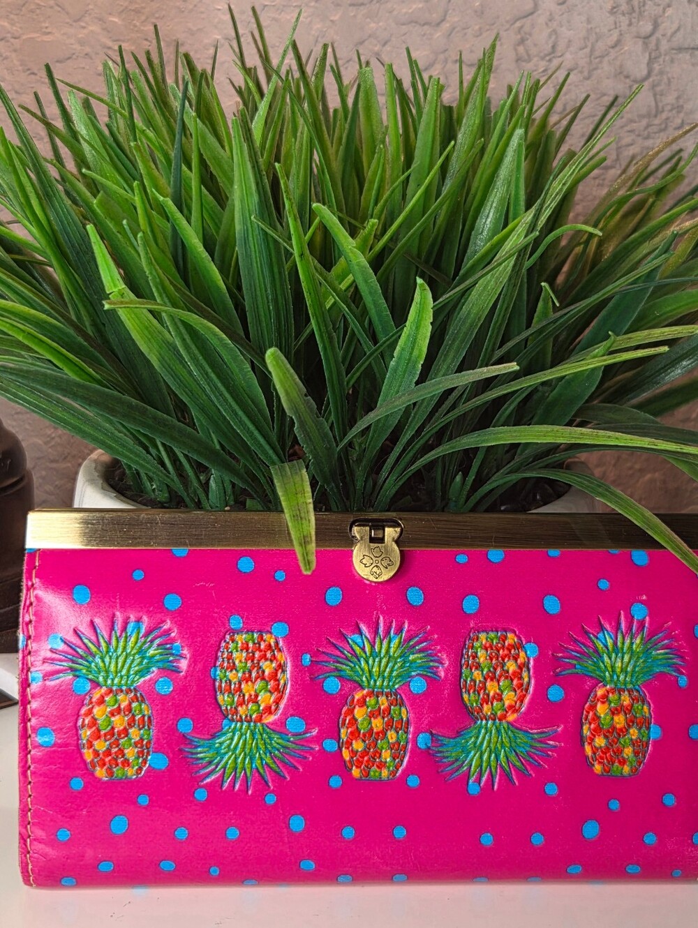 Patricia Nash Hot Pink Pineapple Leather Frame Clasp Wallet